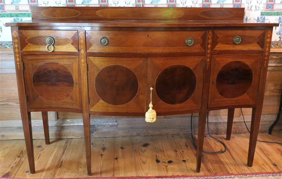 Fine Inlaid Mahogany Sideboard - Inlaid Bellflower Design with Intricate String Inlay on Drawer Fronts and  Backsplash - Serpentine Front with 3 Dovetailed Drawers Over 4 Cabinet Doors - Divided...