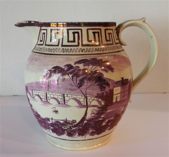 19th Century Sunderland Lusterware Pitcher with Roman Key Decoration Pastoral Scene on Body - Pitcher Measures 7 1/2" tall 9" Spout to Handle - Hairline in Body 