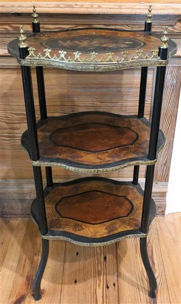 3 Tier Stand with Brass Gallery and Brass Ormolu Trim - Floral Inlaid Tiers Stand Measures - 29" Tall 15" by 11" 