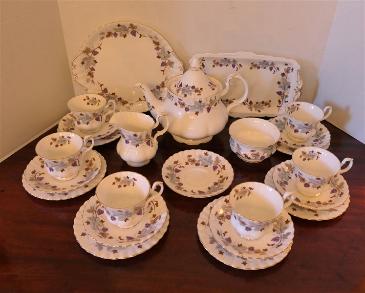 Royal Albert "Lorriane" Tea Set - Tea Pot, Cream, Sugar, Round and Rectangular Platters, and Cup, Saucer, and Dessert Plate Trios - Rectangular Tray Measures 12" By 7" 