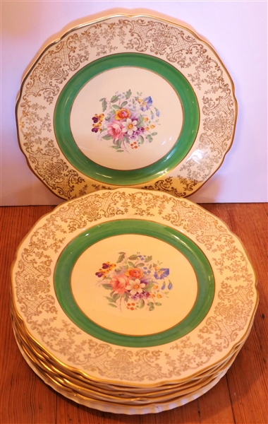 8 - Johnson Brothers "Victorian" Dinner Plates - Scalloped Edges - Green Interior Boarder - Each Plate Measures 10 3/4" Across