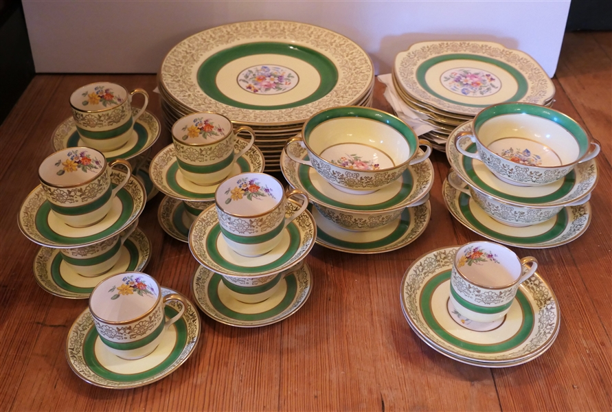 Johnson Brothers China "JB325" Pattern - 49 Pieces - 10 Dinner Plates, 10 Luncheon Plates, 10 Dessert Plates, 9 Demitasse Cup and Saucer Sets, 4 Cream Soup & Saucer Sets,  1 Additional Cup - 1...