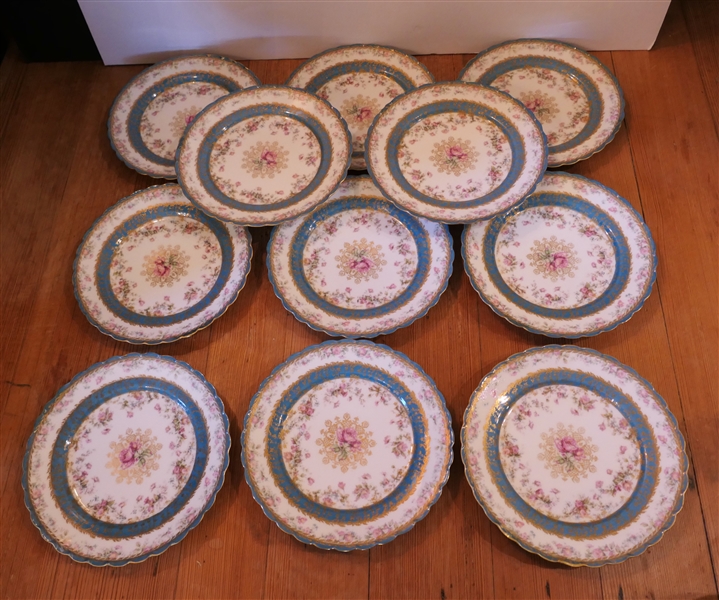 11 Beautiful Haviland France Plates - -Blue Bands with Pink Flowers and Gold Details - Marked "Haviland & Co. Limoges Four The E.B. Taylor Co"  - Each Plate Measures 8 1/2" Across