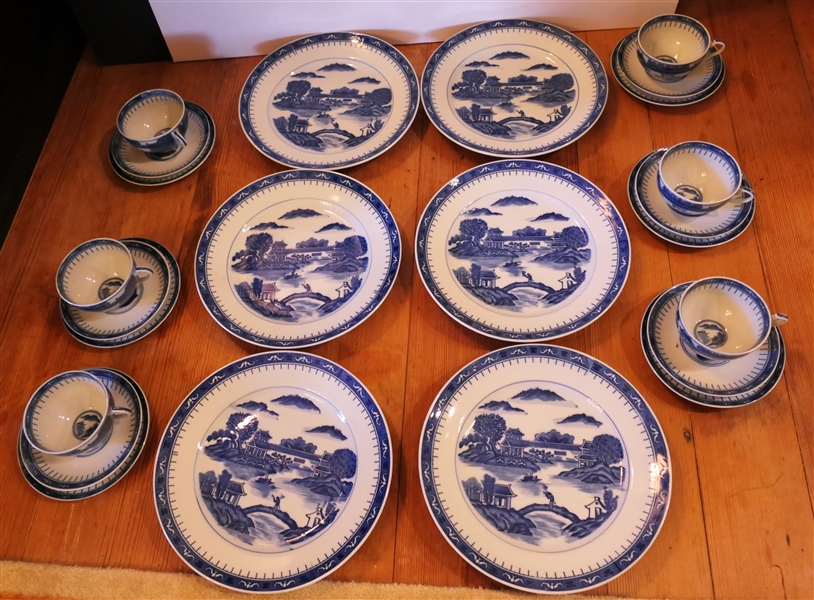 6 - 4 Piece Place Settings of Modern Blue Canton Dinnerware - Dinner Plate Cup, Saucer, and Dessert Plate - Dinner Plates Measure 10 1/8" Across - Missing One Cup 