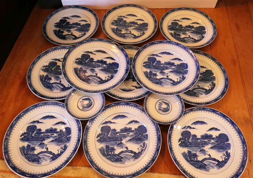 13 Pieces of Blue Canton Dinnerware - 11 Plates and 2 Saucers - Plates Measure 10 1/8" Across