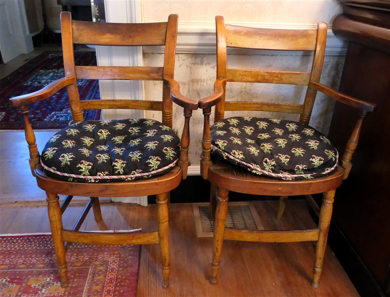 Pair of Nice Antique Rush Bottom Arm Chairs with Turned Legs and Seat Backs - Black Floral Cushions - Chairs Measure 34" Tall 21 1/2" Arm to Arm