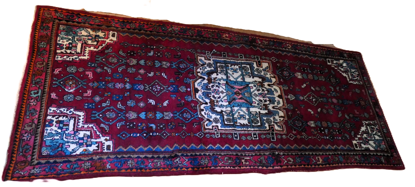 Hand Knotted Antique Persian Runner - Red Background with Blues and Cream - Rug Measures 110" by 42 1/2"