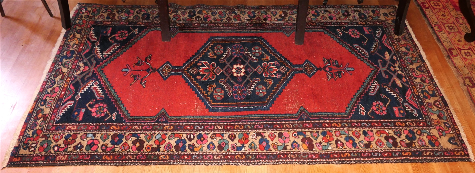 Hand Knotted Persian Rug - Coral Red, with Blue, Cream, and Green Boarder - Rug Measures 77" by 42" - Some Wear in Center 