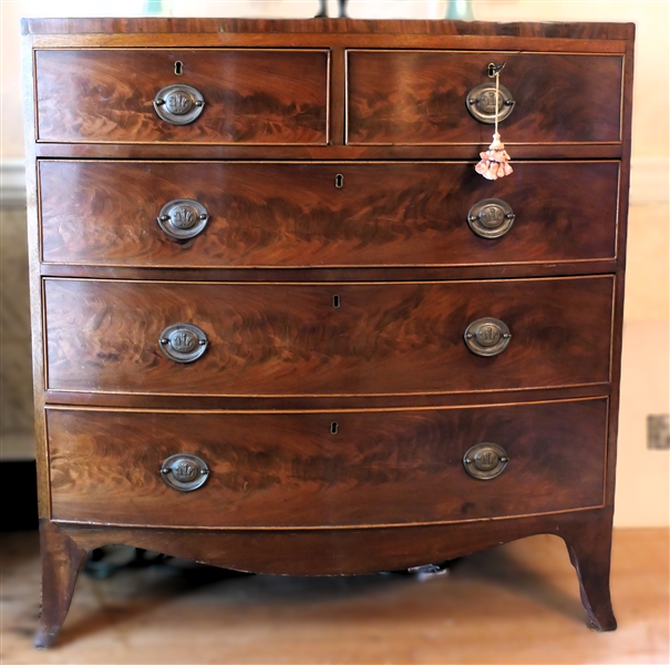 Nineteenth Century Mahogany Bow Front Chest of Drawers 2 Over - 3 Dovetailed Drawers - Nice Brass Pulls - Drawer Fronts with Beaded Trim - Oak Secondary Wood - Wallpaper Lined Drawers - Chest...