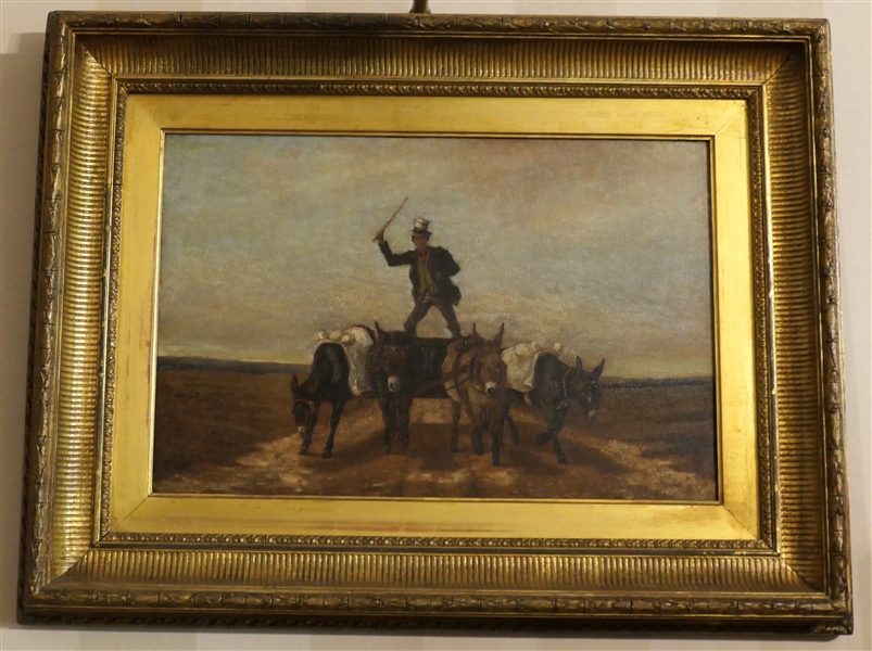 Nineteenth Century Oil on Canvas Painting of Man Driving Team on Mules in Gold Giltwood Frame - Frame Measures 20" by 25 3/4"