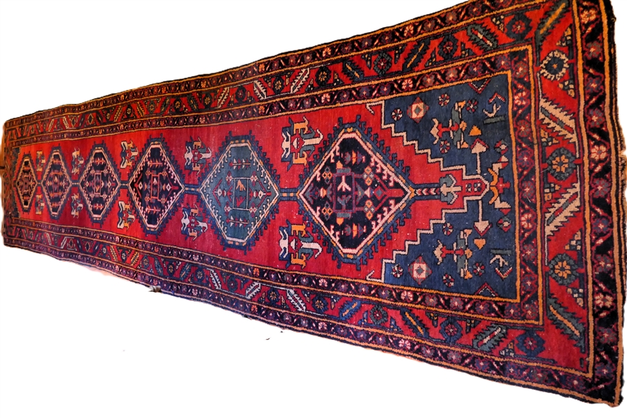 Hand Knotted Persian / Turkish Rug Runner -Red Background with Blue Pattern - Rug Measures 14by 34 1/2"