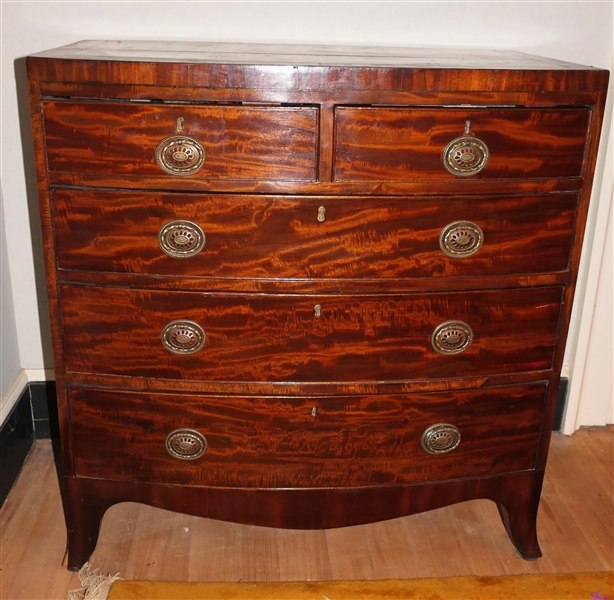 New England Mahogany Bow Front Chest - 2 Dovetailed Drawers Over 3 Drawers - Spade Foot - Inlaid Top - Pretty Pulls - Chest Measures 36" tall 35" by 20 1/2" 