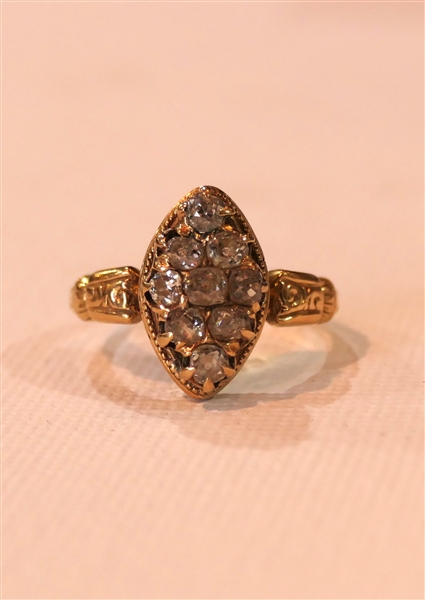 Antique 14kt Yellow Gold Ring with Mine Cut Diamond Cluster - 9 Diamonds - Filigree Band - Size 6 1/2