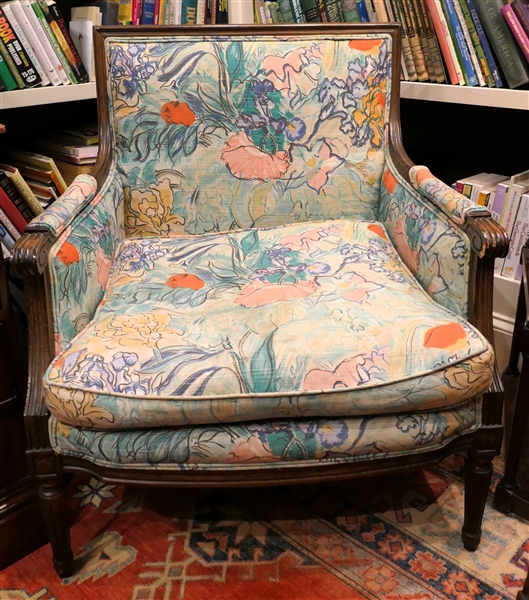 Wood Framed Arm Chair with Blue Floral Upholstery - Plaid Sides and Back - Reeded Column Arms and Legs - Down Cushion - Chair Measures 34 1/2" tall 29 1/2" by 24"