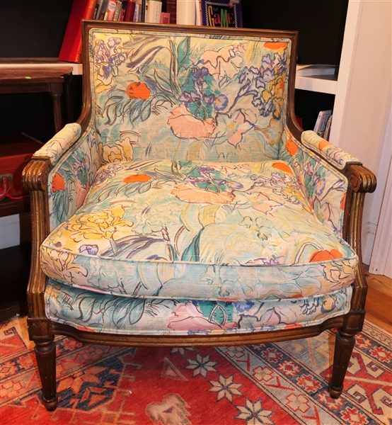 Wood Framed Arm Chair with Blue Floral Upholstery - Plaid Sides and Back - Reeded Column Arms and Legs - Down Cushion - Chair Measures 34 1/2" tall 29 1/2" by 24"