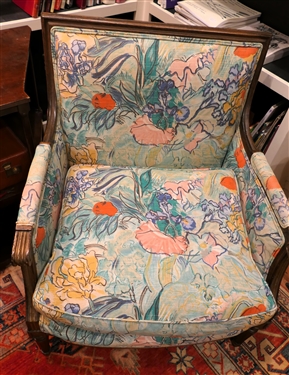 Wood Framed Arm Chair with Blue Floral Upholstery - Plaid Sides and Back - Reeded Column Arms and Legs - Down Cushion - Chair Measures 34 1/2 tall 29 1/2 by 24