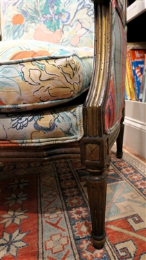 Wood Framed Arm Chair with Blue Floral Upholstery - Plaid Sides and Back - Reeded Column Arms and Legs - Down Cushion - Chair Measures 34 1/2 tall 29 1/2 by 24