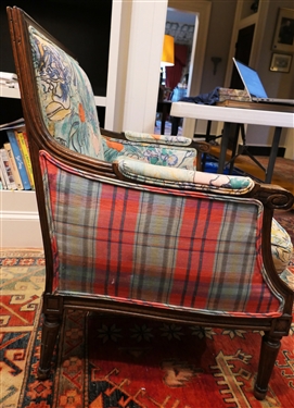Wood Framed Arm Chair with Blue Floral Upholstery - Plaid Sides and Back - Reeded Column Arms and Legs - Down Cushion - Chair Measures 34 1/2 tall 29 1/2 by 24