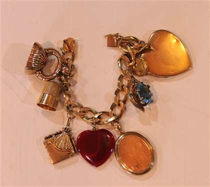 Incredible Huge Gold Charm Bracelet - 14kt Yellow Gold Bracelet with 8 Large Gold Charms - Viking Hat,14kt Gold Thimble, 14kt Gold Square Locket, Oval Locket -  Monogrammed, Large Blue Topaz Set in...