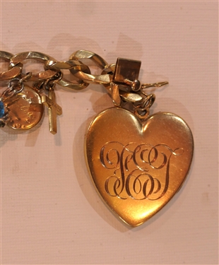 Incredible Huge Gold Charm Bracelet - 14kt Yellow Gold Bracelet with 8 Large Gold Charms - Viking Hat,14kt Gold Thimble, 14kt Gold Square Locket, Oval Locket -  Monogrammed, Large Blue Topaz Set in...