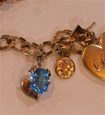 Incredible Huge Gold Charm Bracelet - 14kt Yellow Gold Bracelet with 8 Large Gold Charms - Viking Hat,14kt Gold Thimble, 14kt Gold Square Locket, Oval Locket -  Monogrammed, Large Blue Topaz Set in...