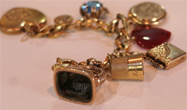 Incredible Huge Gold Charm Bracelet - 14kt Yellow Gold Bracelet with 8 Large Gold Charms - Viking Hat,14kt Gold Thimble, 14kt Gold Square Locket, Oval Locket -  Monogrammed, Large Blue Topaz Set in...