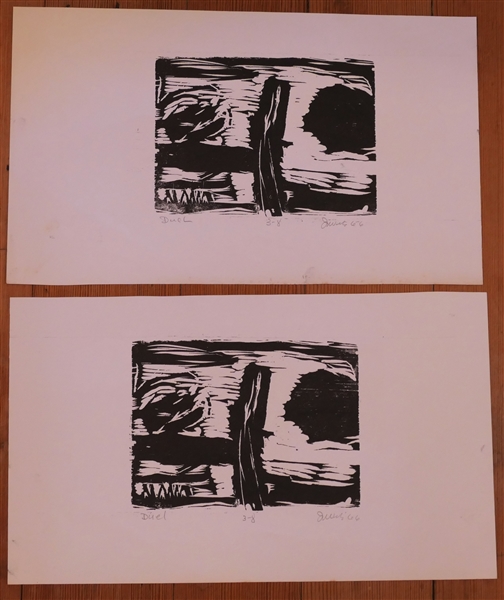 2 Wood Block Prints by North Carolina Artist Norbert Irvine - " Fuel" Artist Signed and Dated 1966 - Not Framed - Each Print Measures 8 3/4" by 15" 