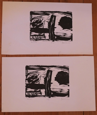 2 Wood Block Prints by North Carolina Artist Norbert Irvine -  Fuel Artist Signed and Dated 1966 - Not Framed - Each Print Measures 8 3/4 by 15 