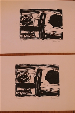2 Wood Block Prints by North Carolina Artist Norbert Irvine -  Fuel Artist Signed and Dated 1966 - Not Framed - Each Print Measures 8 3/4 by 15 