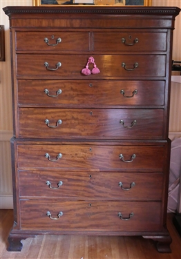 Early Nineteenth Century George III Mahogany Chest on Chest - Dentil Molding At Top- Reeded Pilasters - Bracket Feet - 2 Dovetailed Drawers Over 3 Drawers Over 3 Drawers - Chest Measures 70 tall...