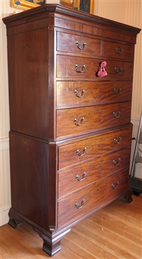 Early Nineteenth Century George III Mahogany Chest on Chest - Dentil Molding At Top- Reeded Pilasters - Bracket Feet - 2 Dovetailed Drawers Over 3 Drawers Over 3 Drawers - Chest Measures 70 tall...