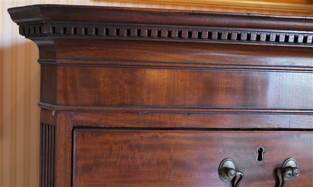 Early Nineteenth Century George III Mahogany Chest on Chest - Dentil Molding At Top- Reeded Pilasters - Bracket Feet - 2 Dovetailed Drawers Over 3 Drawers Over 3 Drawers - Chest Measures 70 tall...