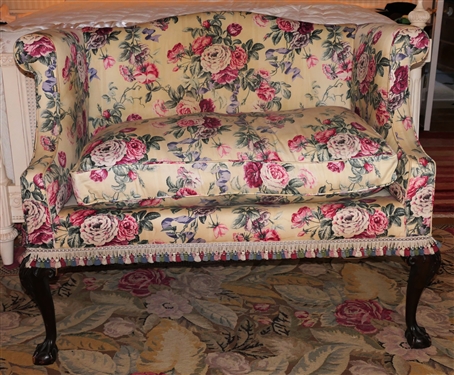 Chippendale Style Ball and Claw Foot Settee with Pretty Floral Upholstery - Sofa Measures 35 Tall 48 by 23 