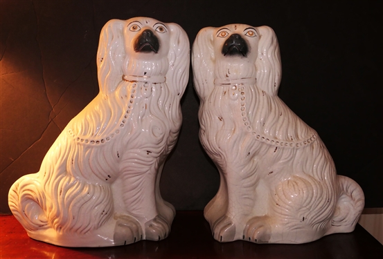 Pair of 19th Century Staffordshire Dogs  - Each Measures 14 Tall - Some Overall Crazing Consistent with Age