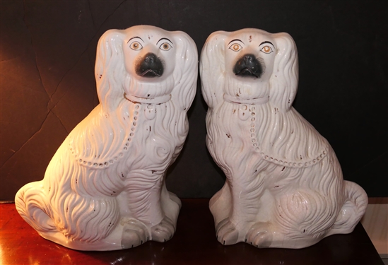 Pair of 19th Century Staffordshire Dogs  - Each Measures 14 Tall - Some Overall Crazing Consistent with Age