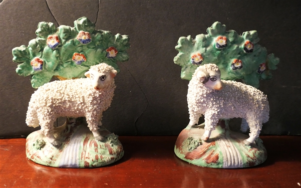 Pair of 19th Century Staffordshire Sheep - Statues Measure 5 Tall - One Tree Has Been Repaired 