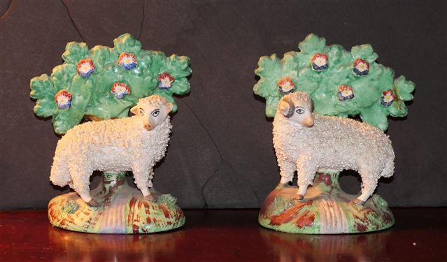 Pair of 19th Century Staffordshire Sheep - Statues Measure 5 Tall - One Tree Has Been Repaired 