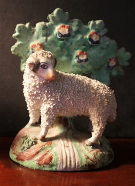 Pair of 19th Century Staffordshire Sheep - Statues Measure 5 Tall - One Tree Has Been Repaired 