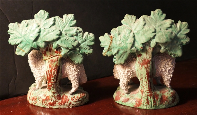 Pair of 19th Century Staffordshire Sheep - Statues Measure 5 Tall - One Tree Has Been Repaired 