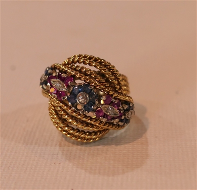 Fine 14kt Yellow Gold Knot Ring with Diamonds, Rubies, and Sapphires - Missing 1 Sapphire in Center Flower