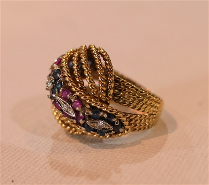 Fine 14kt Yellow Gold Knot Ring with Diamonds, Rubies, and Sapphires - Missing 1 Sapphire in Center Flower