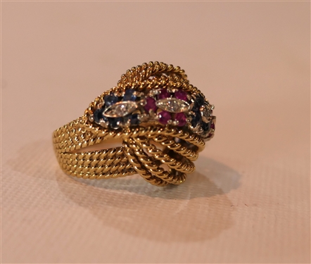 Fine 14kt Yellow Gold Knot Ring with Diamonds, Rubies, and Sapphires - Missing 1 Sapphire in Center Flower