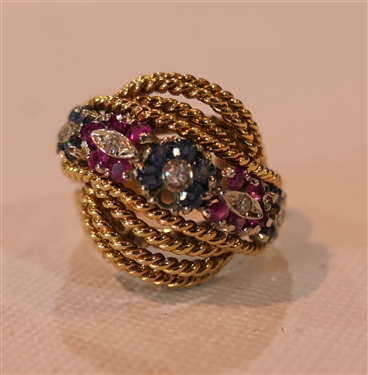 Fine 14kt Yellow Gold Knot Ring with Diamonds, Rubies, and Sapphires - Missing 1 Sapphire in Center Flower