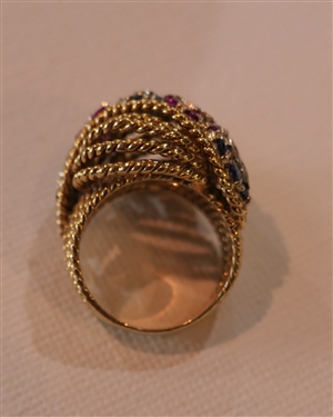 Fine 14kt Yellow Gold Knot Ring with Diamonds, Rubies, and Sapphires - Missing 1 Sapphire in Center Flower