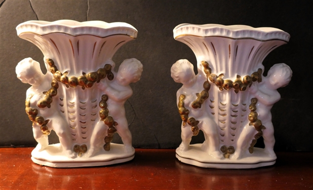 Pair of Small German Porcelain Cherub Fan Vases - Each Vase Measures 5 1/4 tall 