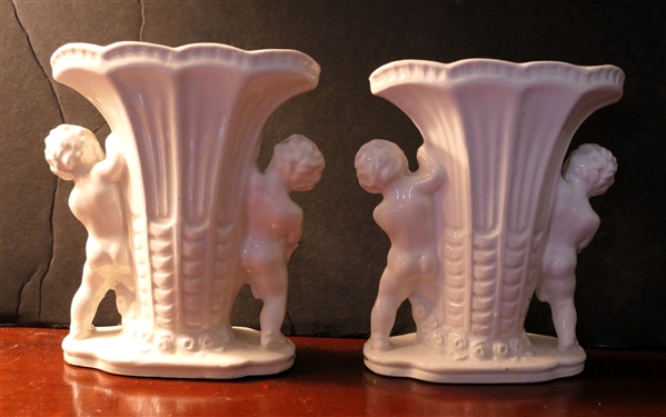Pair of Small German Porcelain Cherub Fan Vases - Each Vase Measures 5 1/4 tall 