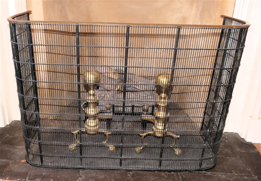 Pair of Harvin Brass Chippendale Style Andirons - No. 1-R and Iron and Brass Fire Screen  - Screen Measures 28" tall 40" Wide - LOGS NOT INCLUDED