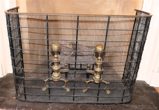 Pair of Harvin Brass Chippendale Style Andirons - No. 1-R and Iron and Brass Fire Screen  - Screen Measures 28 tall 40 Wide - LOGS NOT INCLUDED