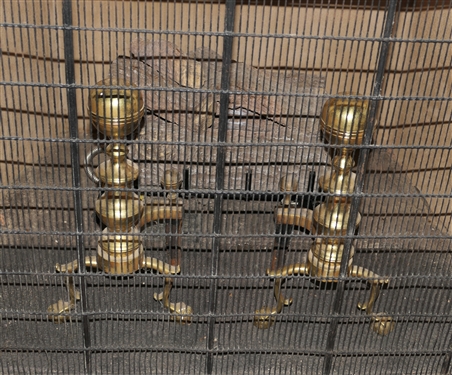 Pair of Harvin Brass Chippendale Style Andirons - No. 1-R and Iron and Brass Fire Screen  - Screen Measures 28 tall 40 Wide - LOGS NOT INCLUDED