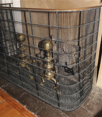 Pair of Harvin Brass Chippendale Style Andirons - No. 1-R and Iron and Brass Fire Screen  - Screen Measures 28 tall 40 Wide - LOGS NOT INCLUDED